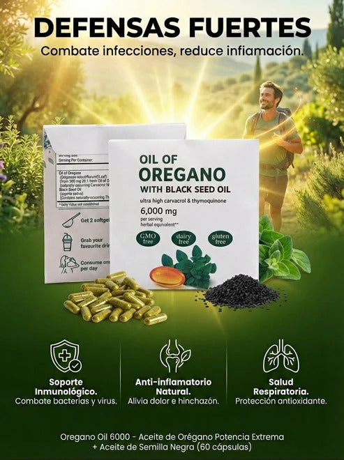 Oregano Oil 6000 Aceite de Orégano Potencia Extrema Aceite de Semilla Negra 60 cápsulas