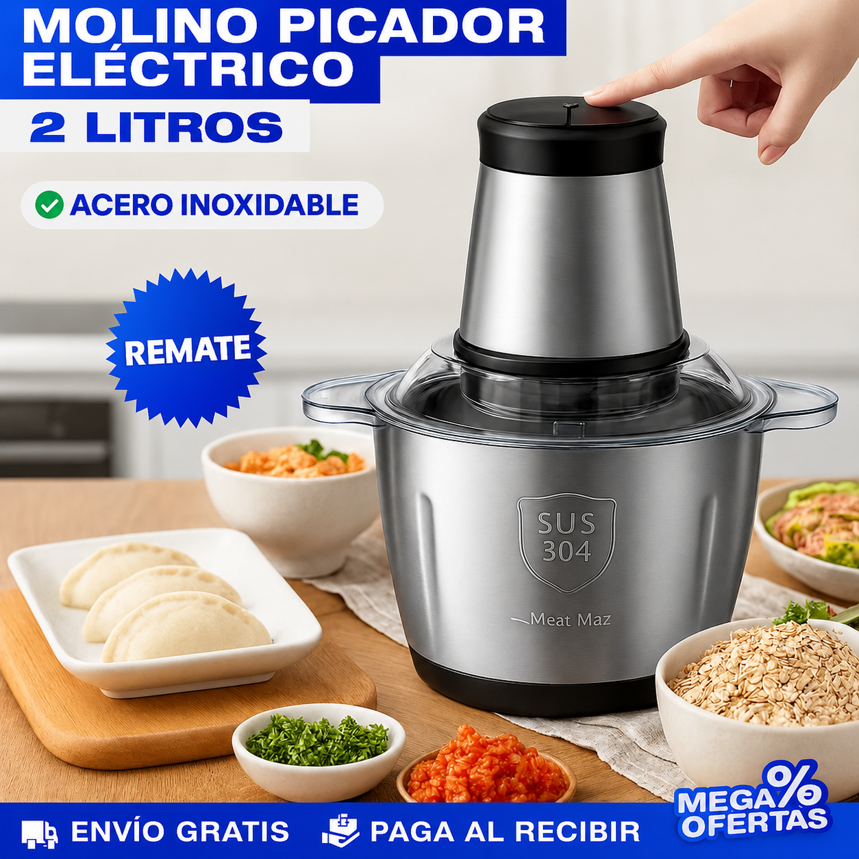 MOLINO PICADOR ELÉCTRICO ACERO INOXIDABLE 🔥2 LITROS🔥 (TAMAÑO GRANDE)